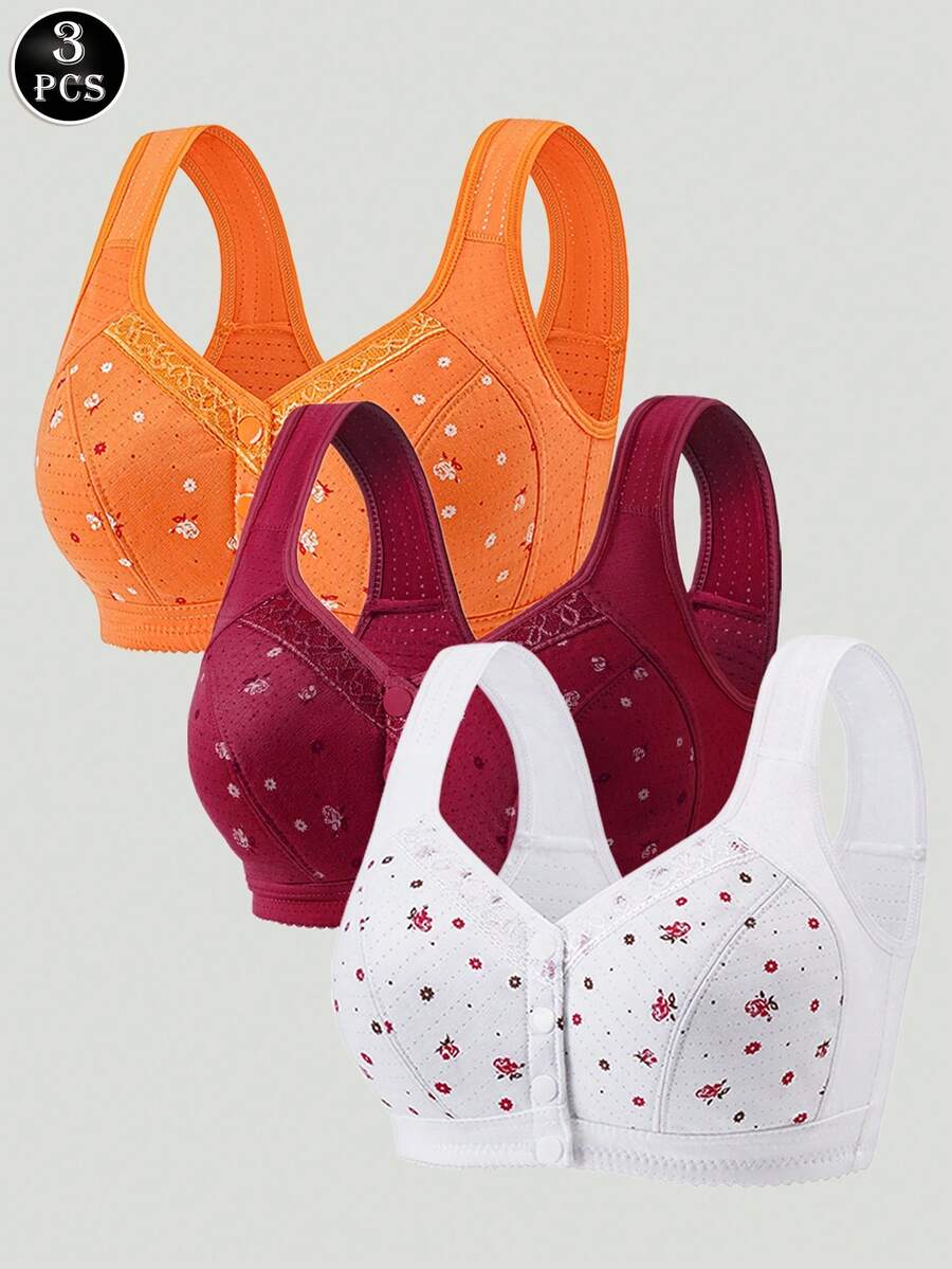 3pcs Floral Print Bras, Soft & Elegant Front Closure Wireless Bras, Women's Lingerie