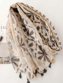 1pc New Bohemian Printed Women Scarf, Lightweight Breathable Tassel Shawl, Elegant Style Women Sun Protection Beach Travel Scarf For Dress - Beige - View 2