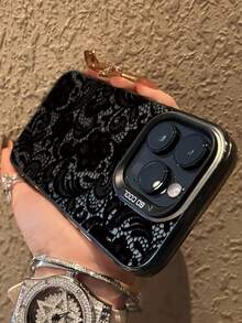 1pc Fashionable Personalized Lace Flower Printed Pattern With Independent Button IMD Anti-Fall Anti-Slip Black Phone Case Compatible With IPhone 16 ProMax/16/16 Pro/16 Plus/15/15 ProMax/15 Pro/11/12/13/14 ProMax/11 Pro/11 ProMax/12 Pro/12 ProMax/13 Pro/13 ProMax/14 Pro/14 ProMax, Creative High-End - Multicolor - View 4