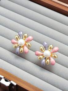 1 par de elegantes pendientes de mujer con diseño de fuegos artificiales vintage esmaltados, con perlas incrustadas, adecuados para uso diario - fuegos artificiales - Ver 4