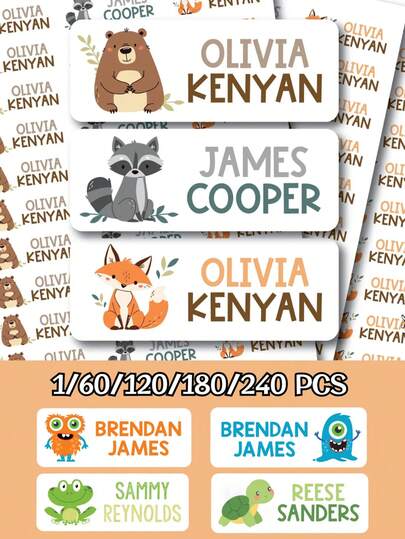 1/60/120/180/240 etiquetas personalizadas con nombre, etiquetas de rana, etiquetas escolares, etiquetas de guardería, etiquetas de libros, etiquetas de artículos. Resistentes al agua o mate, etiquetas de artículos con monstruos, adecuadas para niños, escuela, libros, carpetas, cuadernos. Resistentes al agua o mate, etiquetas de artículos con lindos animales del bosque (oso, mapache, zorro), adecuadas para libros, carpetas, cuadernos. Resistentes al agua o mate 001