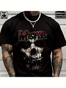 Men's Heavyweight 220gsm Cotton T-Shirt - Edgy MISFITS Weathered Skull Graphic Tee, Black Gothic Streetwear Shirt For Concerts, Casual Attire & Year-Round Style (Machine Washable) - Punk Rock Apparel, Music T Shirts, Casual Streetwear, Concert Attire, Misfits Themed Shirt, Durable Print Quality, Comfortable Fit, Best For Christmas - 黑色 - 查看 1