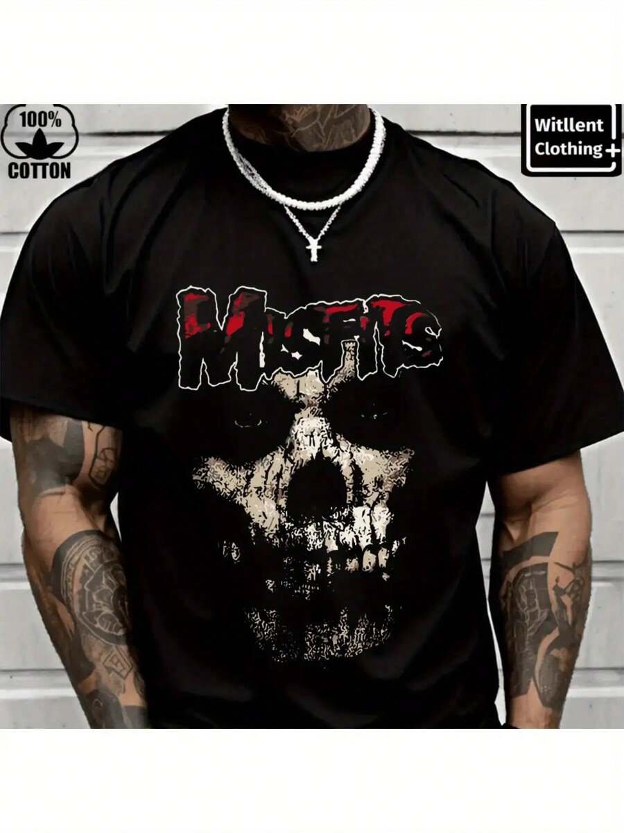 Men's Heavyweight 220gsm Cotton T-Shirt - Edgy MISFITS Weathered Skull Graphic Tee, Black Gothic Streetwear Shirt For Concerts, Casual Attire & Year-Round Style (Machine Washable) - Punk Rock Apparel, Music T Shirts, Casual Streetwear, Concert Attire, Misfits Themed Shirt, Durable Print Quality, Comfortable Fit, Best For Christmas - 黑色 - 查看 1