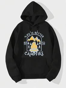 LA VIDA ES MEJOR JUNTO A LA HOGUERA Impresión, Sudaderas casuales y acogedoras para hombres, Sudadera con capucha de manga larga de moda, Top casual versátil para otoño invierno - Negro - Ver 1