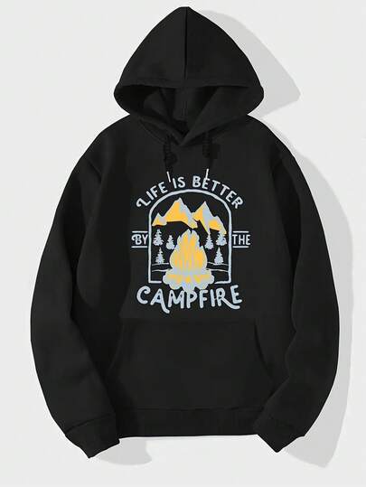 LA VIDA ES MEJOR JUNTO A LA HOGUERA Impresión, Sudaderas casuales y acogedoras para hombres, Sudadera con capucha de manga larga de moda, Top casual versátil para otoño invierno