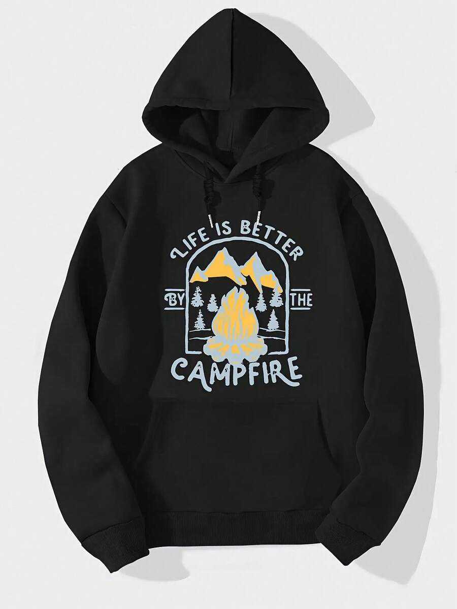 LA VIDA ES MEJOR JUNTO A LA HOGUERA Impresión, Sudaderas casuales y acogedoras para hombres, Sudadera con capucha de manga larga de moda, Top casual versátil para otoño invierno - Negro - Ver 1
