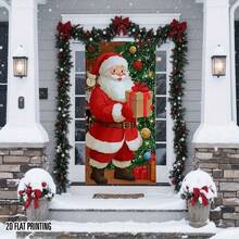 2D Door Curtain Banner, 1pc Large Santa Claus With Gift Decorative Tree - Easy Hanging Adhesive Design - No Electricity Needed - Durable Polyester Holiday Decor, Suitable For Front Door, Home, Office, Shop - Indoor Outdoor Christmas Party Decoration - Festive Atmosphere Door Hanging, Vivid Flat Pattern