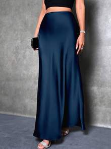 大码女士优雅缎面长裙，纯色春季款 - 海軍藍 - 查看 2