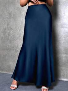 大码女士优雅缎面长裙，纯色春季款 - 海軍藍 - 查看 6