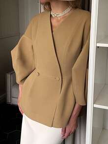 女士优雅驼色羊毛混纺大衣，纯色梭织面料，休闲、晚宴、办公场合皆宜。 - 卡其色 - 查看 3