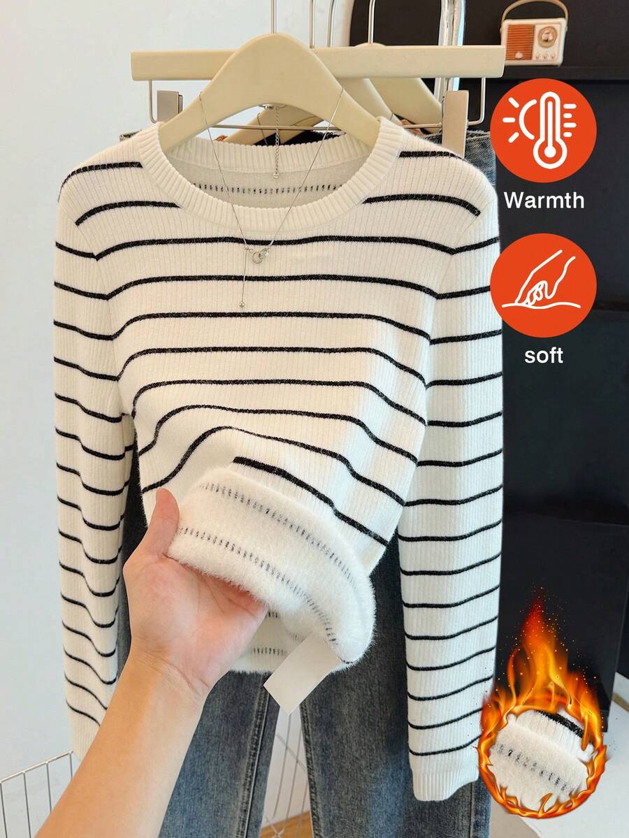 Suéter de punto acanalado de manga larga a rayas clásico para mujer, de longitud regular, tacto suave, forro térmico, cálido, de una sola pieza con tejido de punto a contraste acanalado, adecuado para uso diario, casual, viajes, aeropuerto, oficina, otoño/invierno