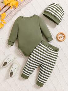 Baby Boy Blue Letter Print Long Sleeve Top, Striped Pants And Hat, Autumn/Winter - Green - View 2