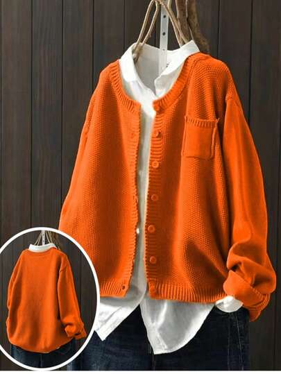 Cárdigan casual de manga larga con bolsillos laterales para mujer de talla grande, otoño/invierno