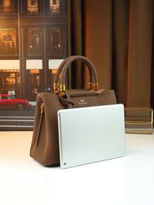 秋冬优雅女士手提包，成熟淑女托特包，棕色单肩包，通勤包，可斜挎，带铭牌吊饰 - 咖啡 - 查看 4