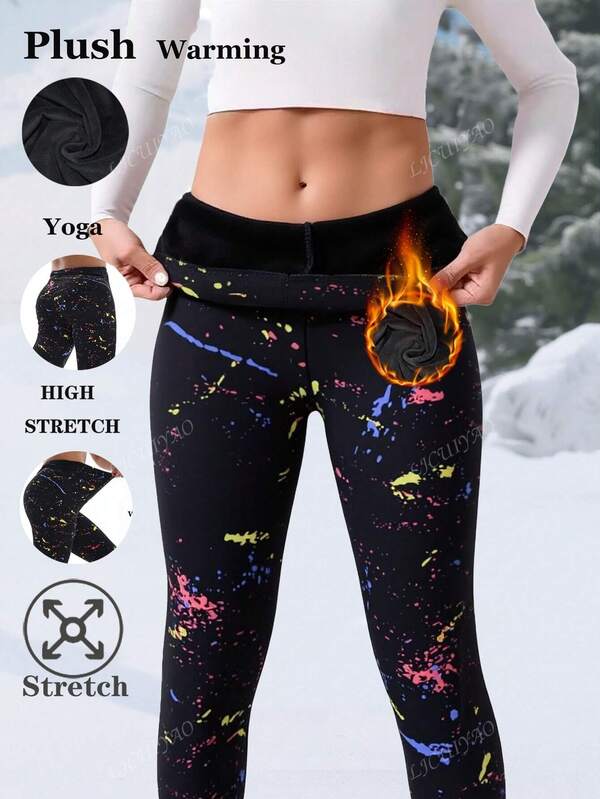 1 Pack Women's Fleece Lined Black Leggings, Fashionable Casual Elegant High Stretch Skinny Pants, Colorful Splatter Print Pattern, Suitable For Home, Workout, Yoga, Fitness, Outdoor, Casual Wear, Travel, Party And Gift