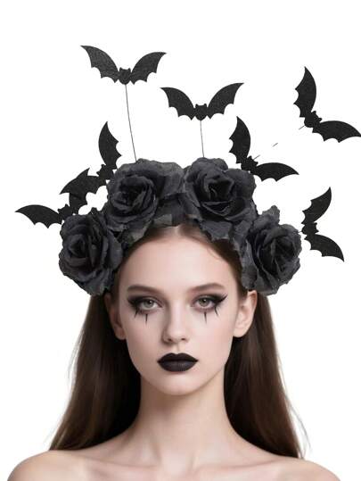 1pc Gothic Style Witch Headband With Black Flower, Bat & Ghost Decor, Halloween Party Headpiece
