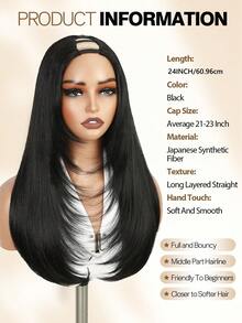 U型层次长款黑色假发，女士假发，全头无胶假发，采用合成纤维制成，佩戴方便，无蕾丝，耐热，自然发质，适合派对或角色扮演，纯黑色假发 - 黑色 - 查看 8