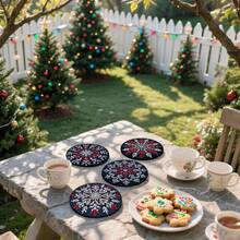1set/4pcs/6pcs/300pcs Snowflake Red White Embroidery Christmas Pattern Diatom Mud Coasters, Coffee Coasters, Home And Restaurant Multi-Occasion Decorations, Daily Gifts, Table Decorations, Daily Decorations, Theme Party Decorations - Multicolor - View 5