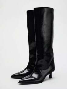Stivali alti sopra il ginocchio con punta affusolata e tacco sottile, design reversibile con bottoni e patchwork, tacco a rocchetto, novità estate/autunno 2025 per donna - nero - Visualizzare 1
