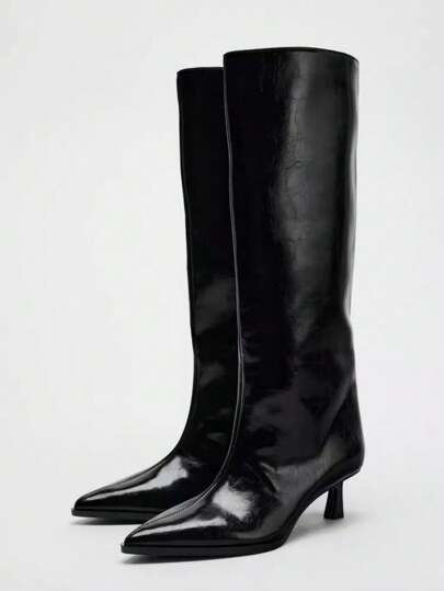 Stivali alti sopra il ginocchio con punta affusolata e tacco sottile, design reversibile con bottoni e patchwork, tacco a rocchetto, novità estate/autunno 2025 per donna