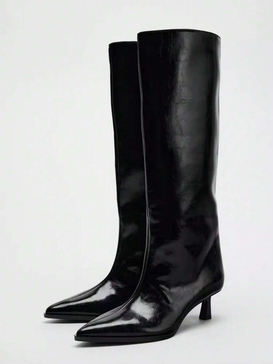 Stivali alti sopra il ginocchio con punta affusolata e tacco sottile, design reversibile con bottoni e patchwork, tacco a rocchetto, novità estate/autunno 2025 per donna - nero - Visualizzare 1