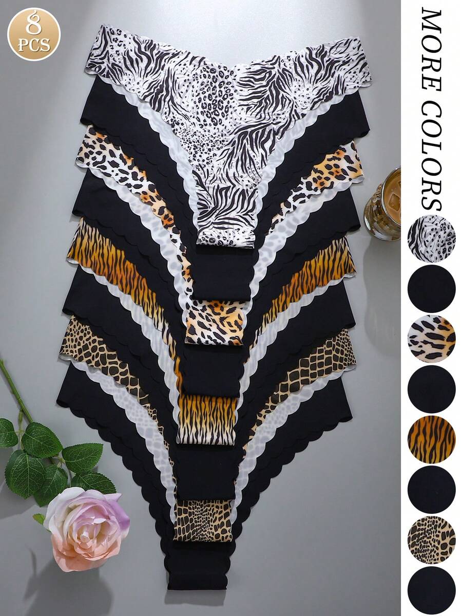 8pcs/Set Women's Seamless Leopard Print & Solid Color Wavy Trim Comfortable Smooth Fabric Triangle Panties - Multicolor - View 1
