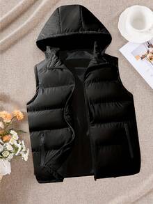 女士梭织面料拉链宽松连帽背心，秋冬休闲装