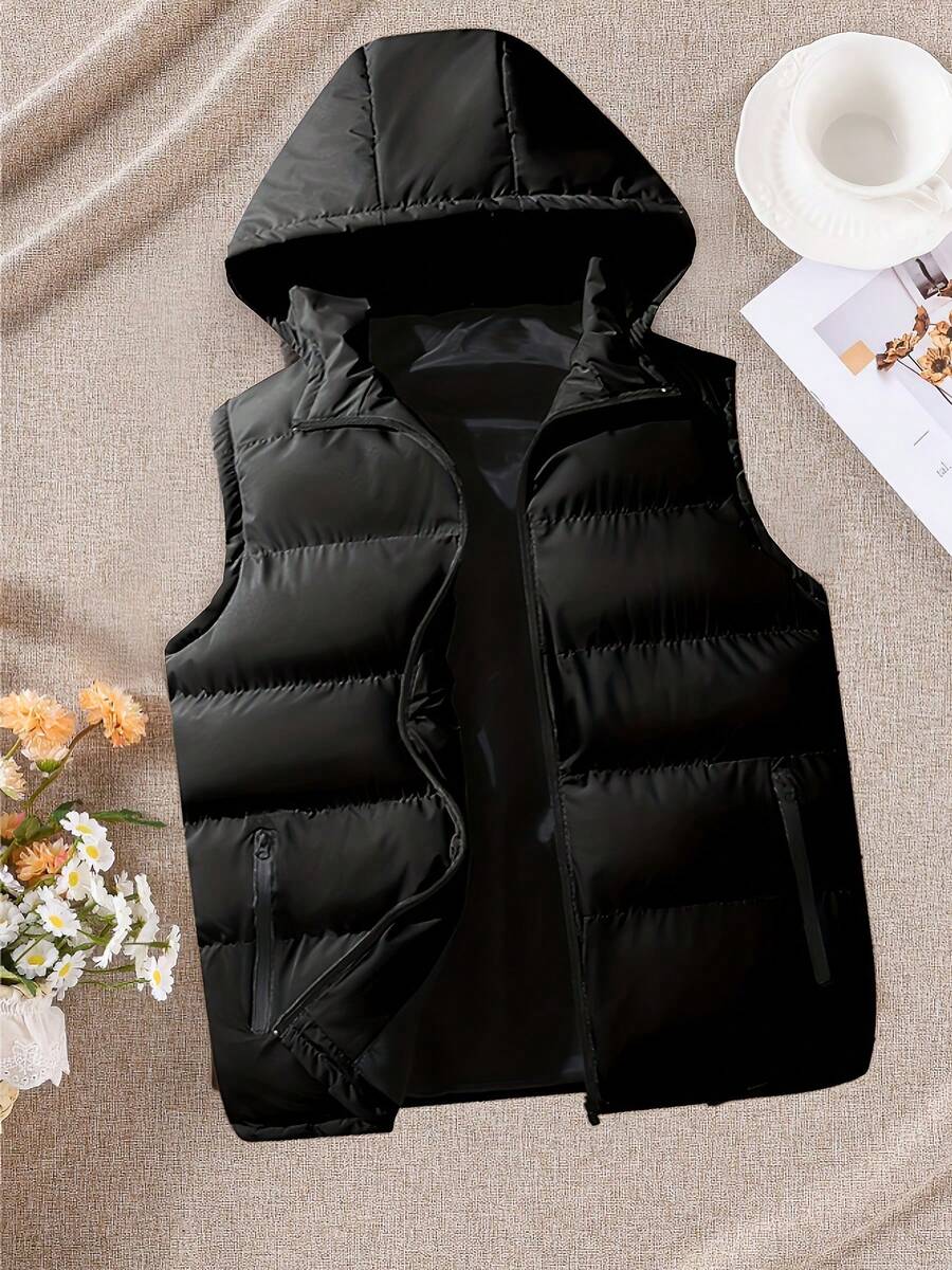 女士梭织面料拉链宽松连帽背心，秋冬休闲装