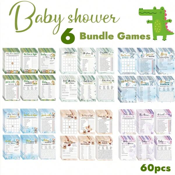 61-Piece Bear Bath Games, 6 Games - Double-Sided Printing, 20 Per Sheet, Shower Bingo, Word Scramble, Word Search, Predictions And Suggestions, Price Is Right, Who (Brown Bear), With Answer Card