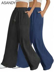 2pcs/Set Casual Wide Leg Pants, Drawstring Waist, Loose & Slimming Fit, Solid Color Summer - Black + Navy Blue - View 3
