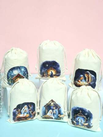 Bolsa de regalo de algodón de 10x15cm con cordón para Navidad - Bolsa de tela para regalos de fiesta navideña, bolsa de regalo con diseño de escena navideña del nacimiento, para envolver regalos, decoración navideña