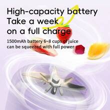 1 Stück 1500mAh aufladbarer 500ml tragbarer Entsafter-Mixer, mit 1 Haupteinheit, 1 Behälterdeckel, 1 Behälter, Hochkapazität, multifunktionaler Fruchtentsafter, Mini Smoothie-Mixer, einfach zu reinigen, zum Herstellen von Milchshakes, Slushes, Säften, ideal für Zuhause und Reisen