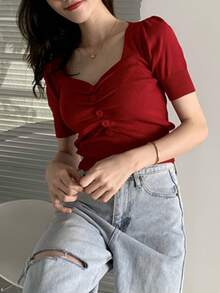Women's Button Decor Ruched Short Sleeve Knit Top Summer Red - Red - View 2