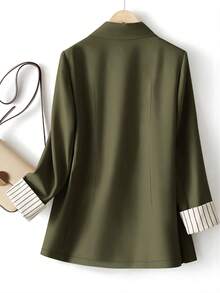 女式袖口条纹拼布单扣常规西装外套 - 橄欖綠 - 查看 2