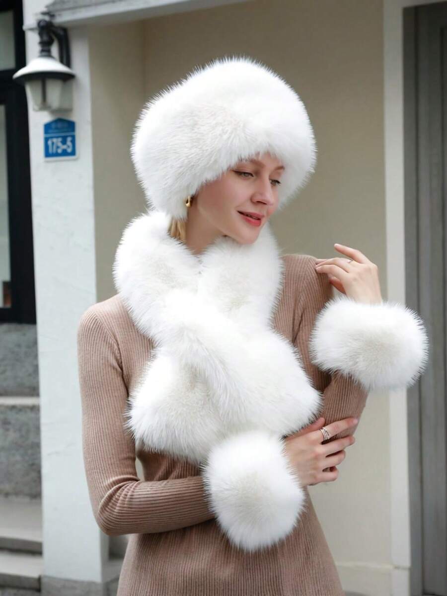 3pcs Women's Solid Color Faux Fur Headband, Scarf And Wrist Cuffs Set, Comfortable Polyester Accessory Kit Winter Outfits Fall Valentines Gift - Multicolor - View 1