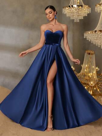 惊艳女士晚礼服：心形领口、高开衩、A字裙摆设计，优雅动感。非常适合红毯活动、正式晚会、婚宴、舞厅舞会和奢华派对。