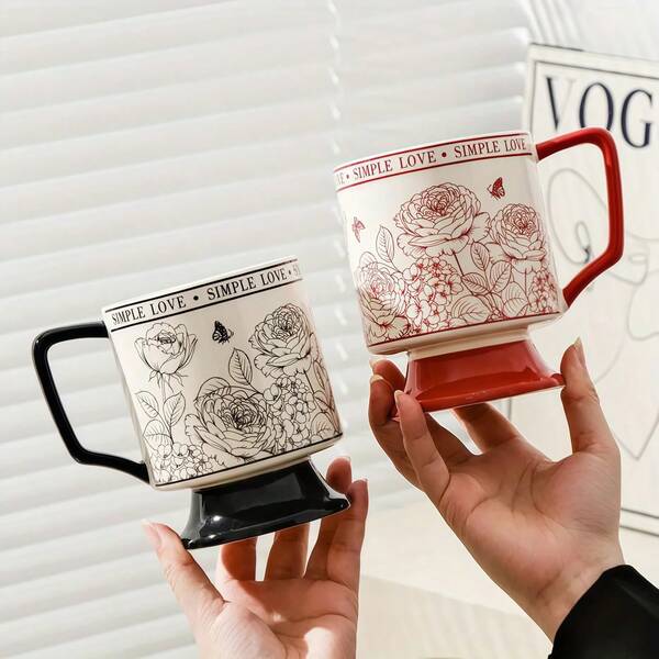 1 pieza Taza de café de cerámica retro - Estilo de pareja romántica con rosas, patrón floral negro, regalo elegante para bodas, aniversarios, Día de San Valentín - Diseño "El amor simple = el amor puro" - Adecuado para el hogar, la oficina y la decoración de mesa