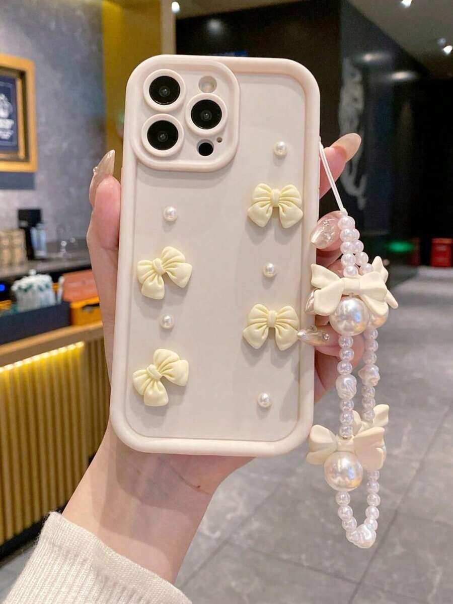 1pc Pink Bow Pearl Waist Chain Full Body Shockproof Phone Case, Compatible With IPhone 16/15 PRO MAX/15 PLUS/15 PRO/15/14 PRO MAX/14 PLUS/14 PRO/14/13 PRO MAX/13 PRO/13/12 PRO MAX/12 PRO/12 PRO MAX/11 PRO/11/XS MAX/XR/XS/7/8 PLUS, Transparent Protective Cover - Beige - View 1
