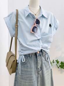 Vera Lane Women's Old Money College Style Fake Style Slimming Waist Drawstring Slimming Vest Casual Cute Halloween Christmas School Clothes Birthday Outfits For Women Boho Chic Techno Outfit Knight Embroidery Pattern Button Up Shirt Women