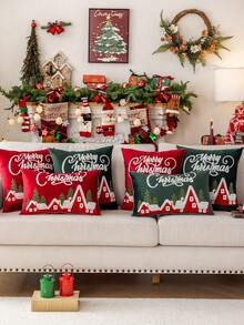 1pc Christmas Snowhouse Embroidered Plush Velvet Cushion Cover, Soft & Comfortable Christmas Decorative Pillow Sham, Fits Multiple Room Styles, Pillow Insert Not Included Home Decor Christmas Decorations Room Decor Christmas Decorations Home