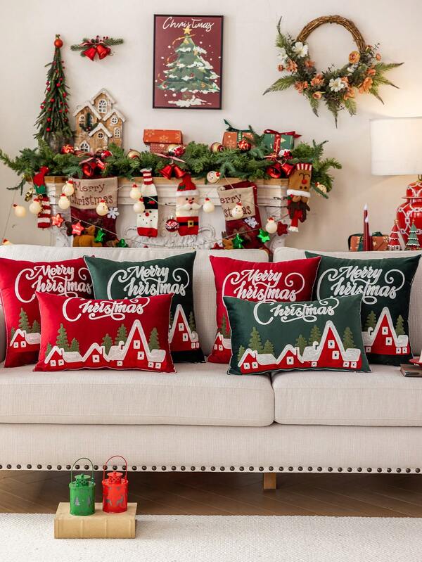 1pc Christmas Snowhouse Embroidered Plush Velvet Cushion Cover, Soft & Comfortable Christmas Decorative Pillow Sham, Fits Multiple Room Styles, Pillow Insert Not Included Home Decor Christmas Decorations Room Decor Christmas Decorations Home