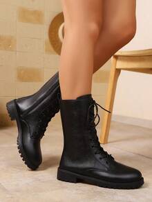 Western Style Lace-Up Metal Eyelet Side Zipper Women's Boots, Flat Vintage Riding Boots, Minimalist Plus Size Mid-Calf Boots - Black - View 4