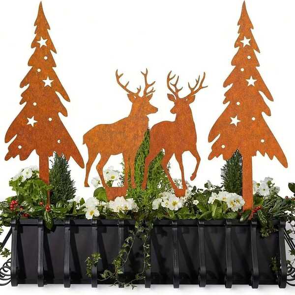 4 piezas Juego de estacas de jardín navideño vintage de metal - Diseño de renos y árboles, decoración rústica para el patio y macetas al aire libre para fiestas, con tema animal sin electricidad, adecuado para otoño