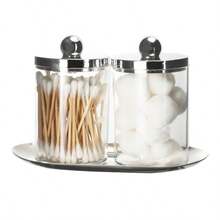 2/3 包 Qtip 支架浴室套装，带金色/银色托盘，亚克力塑料药剂罐，Qtip 分配器罐，带盖