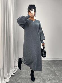 Women's Solid Color Round Neck Drop Shoulder Long Sleeve Maxi Casual Sweater Dress, Suitable For Daily Wear, Autumn/Winter