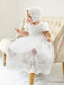 Infant Baby Girls 0-2 Years White Long Christening Dress With Short Sleeve Lace Tulle Skirt And Hat - White - View 4