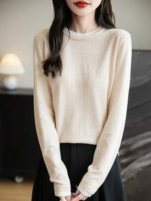 Women's Crew Neck Merino Wool T Shirt Fall Classic Vintage Cable Warm Long Sleeve Knit Tops - Beige - View 6