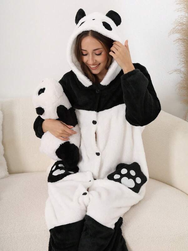 Women's Panda Hooded Coral Fleece Sleepwear, Thick Warm Robe Pajamas For Autumn/Winter