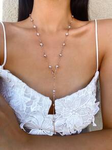 1 件金边仿珍珠性感长 Y 型项链，闪亮吊坠项链，适合日常佩戴、约会、派对、节日、周年纪念、生日礼物，优雅、精致、简约、奢华、可爱 - 金黃色珍珠扁棍 - 查看 1