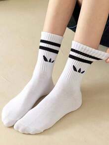 1/3/6/9 双黑/白/灰条纹男女通用中筒袜，适合户外活动，中筒休闲袜，男女通用冬季袜子，高筒袜，秋季 - 彩色 - 查看 3